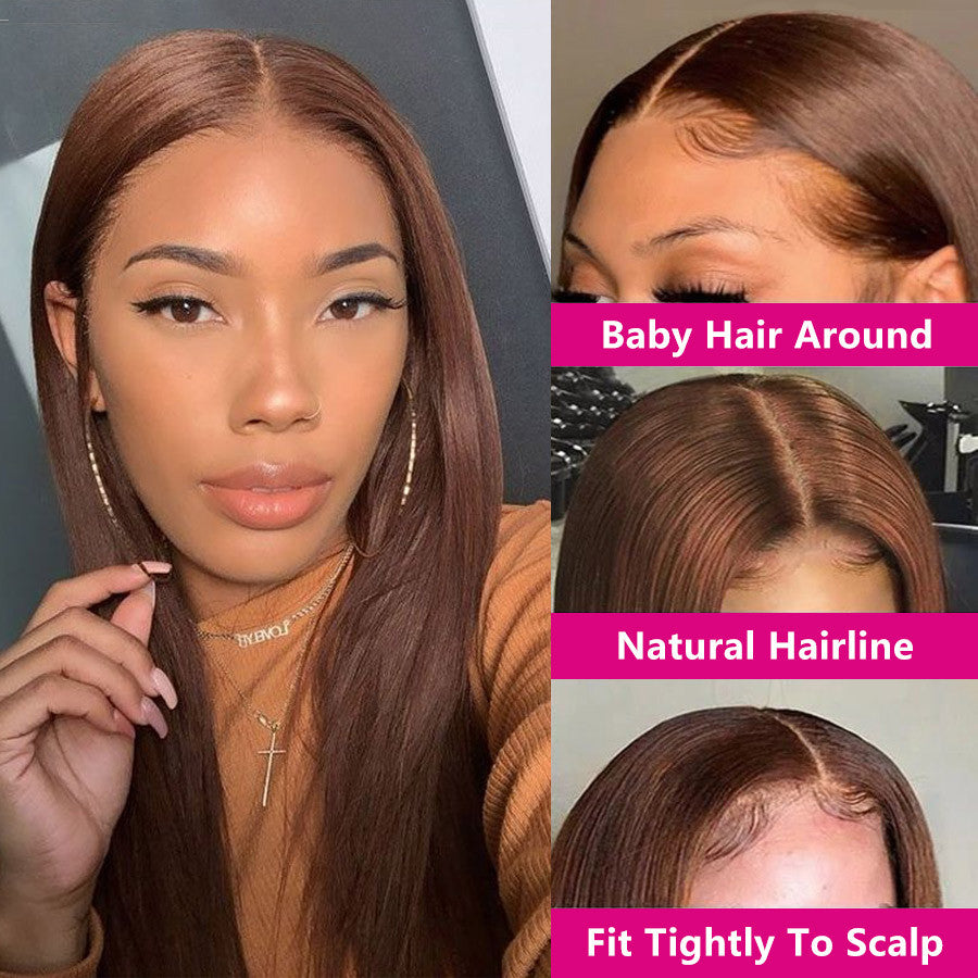 Ruilog Hair Chocolate Brown Color Straight 13x4 Lace Frontal Wig Human Hair Wigs For Women Colored Transparent Lace Wig