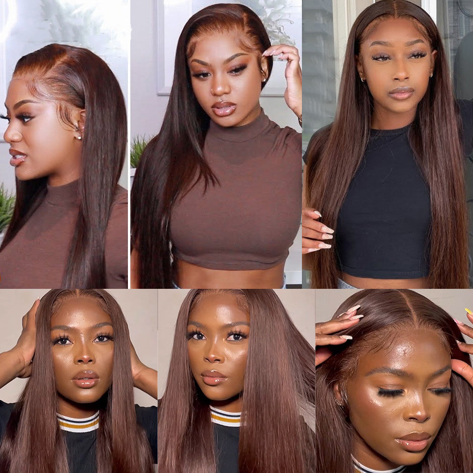 Ruilog Hair Chocolate Brown Color Straight 13x4 Lace Frontal Wig Human Hair Wigs For Women Colored Transparent Lace Wig