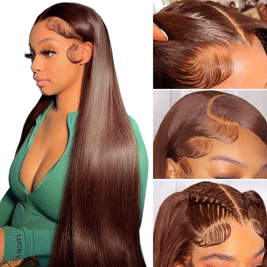 Ruilog Hair Chocolate Brown Color Straight 13x4 Lace Frontal Wig Human Hair Wigs For Women Colored Transparent Lace Wig