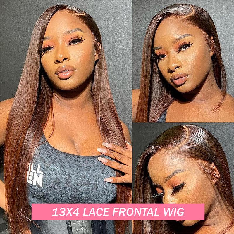 Ruilog Hair Chocolate Brown Color Straight 13x4 Lace Frontal Wig Human Hair Wigs For Women Colored Transparent Lace Wig