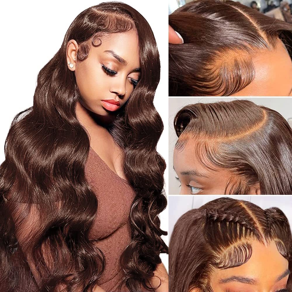 Ruilog Hair 210% 250% Density Chocolate Brown Color 13x4 Transparent Lace Frontal Wig Body Wave Human Hair Wigs