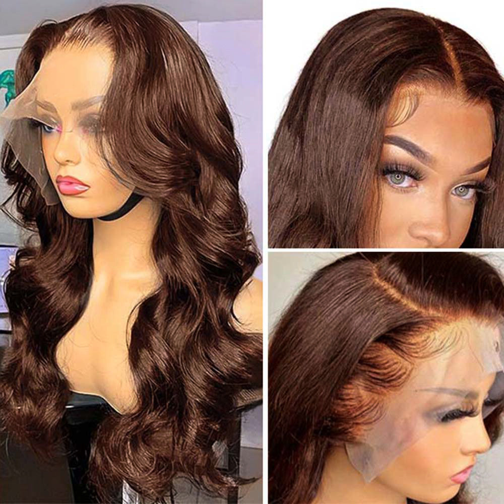 Ruilog Hair 210% 250% Density Chocolate Brown Color 13x4 Transparent Lace Frontal Wig Body Wave Human Hair Wigs