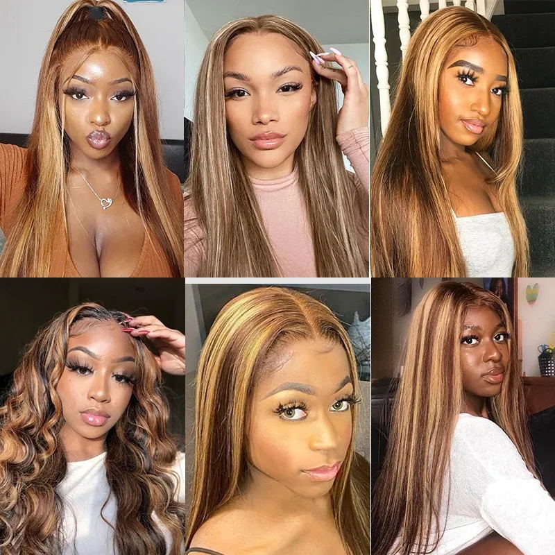Ruilong Hair P4/27 Highlight Straight 13x4 HD Lace Frontal Human Hair Wig Brazilian Blonde Brown Piano Colored 13x4 Transparent Lace Front Wig