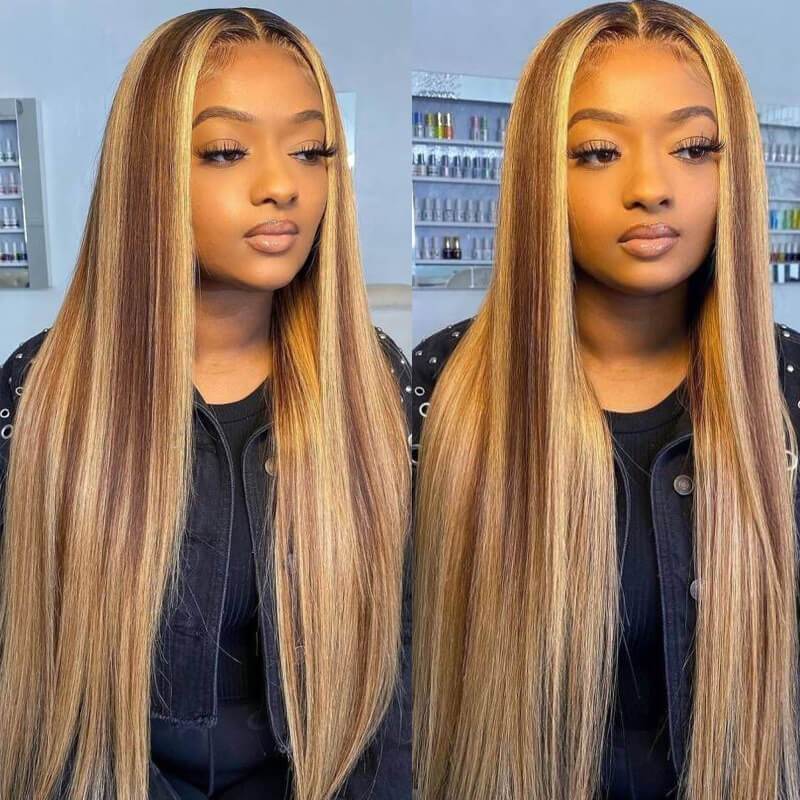 Ruilong Hair P4/27 Highlight Straight 13x4 HD Lace Frontal Human Hair Wig Brazilian Blonde Brown Piano Colored 13x4 Transparent Lace Front Wig