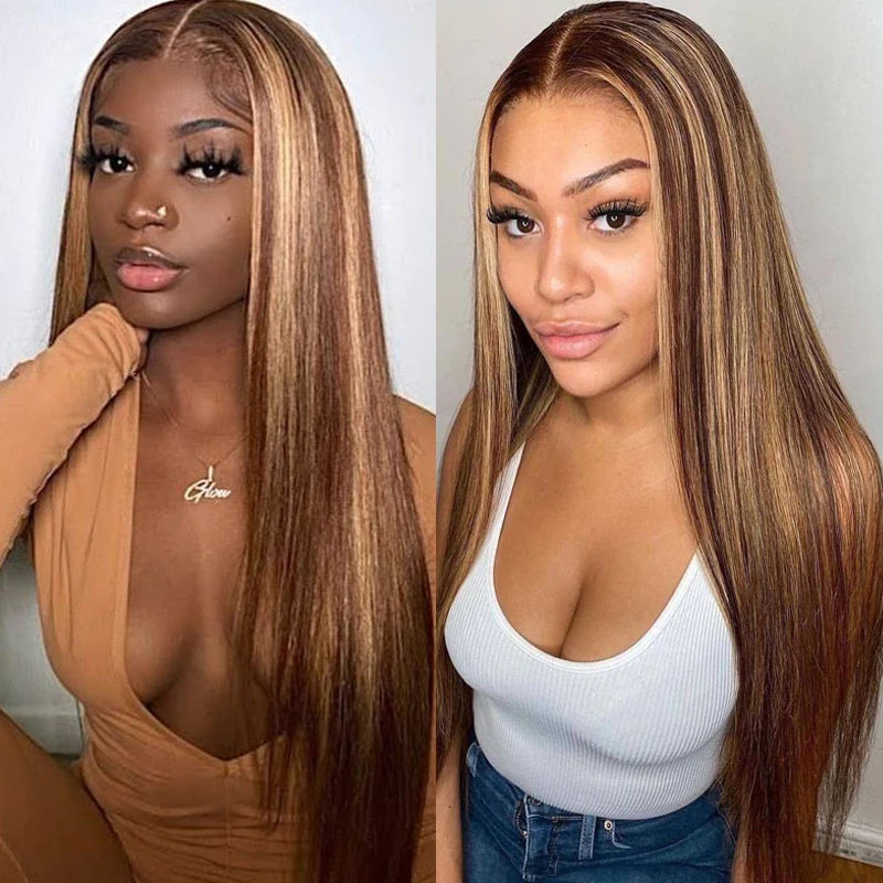 Ruilong Hair P4/27 Highlight Straight 13x4 HD Lace Frontal Human Hair Wig Brazilian Blonde Brown Piano Colored 13x4 Transparent Lace Front Wig