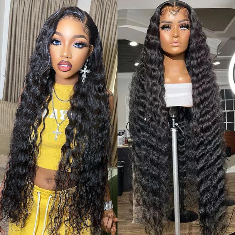 Ruilong Hair 13x4 HD Transparent Brazilian Deep Wave Lace Frontal Human Hair Wig 30 36 Inch Pre Plucked With Baby Hair 210% 250%Density Deep Curly Lace Frontal Wig For Women