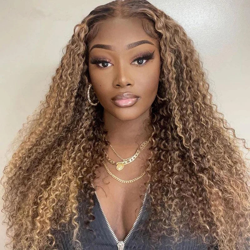 Ruilong Hair Piano Ombre Highligh color kinky Curly Wig Human Hair 13x4 Lace Frontal Human Hair Wigs For Black Woman