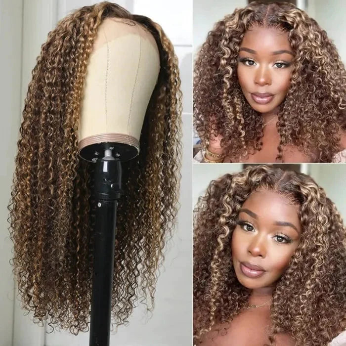 Ruilong Hair Piano Ombre Highligh color kinky Curly Wig Human Hair 13x4 Lace Frontal Human Hair Wigs For Black Woman