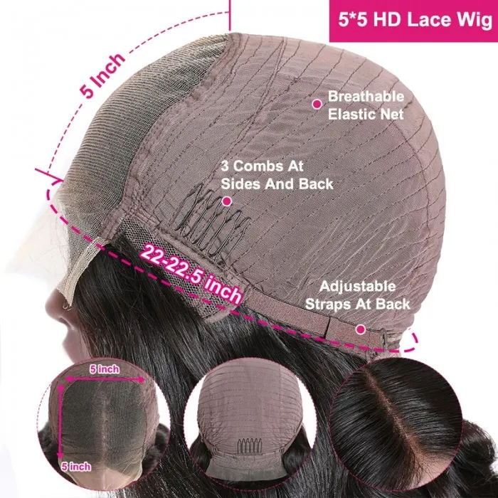 Ruilong Hair 5x5 HD Transparent Human Hair Brazilian Straight Lace Closure Wig 100% Virgin Human Hair Wig For Women