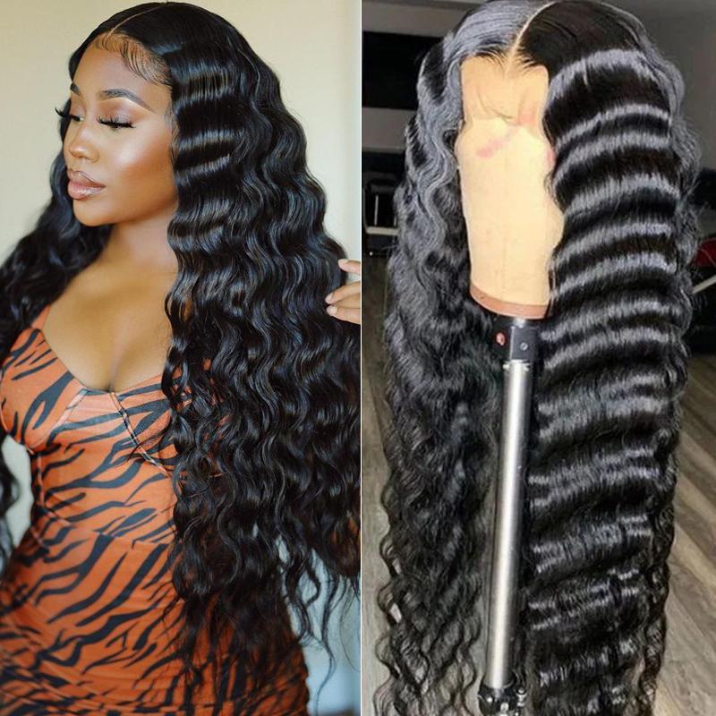 Ruilong Hair 13x4 HD Transparent Brazilian Deep Wave Lace Frontal Human Hair Wig 30 36 Inch Pre Plucked With Baby Hair 210% 250%Density Deep Curly Lace Frontal Wig For Women