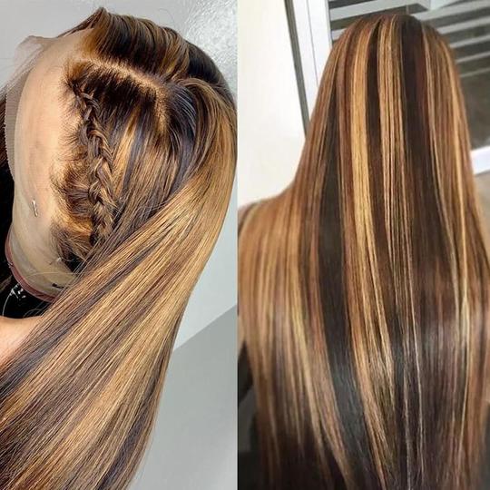 Ruilong Hair P4/27 Highlight Straight 13x4 HD Lace Frontal Human Hair Wig Brazilian Blonde Brown Piano Colored 13x4 Transparent Lace Front Wig