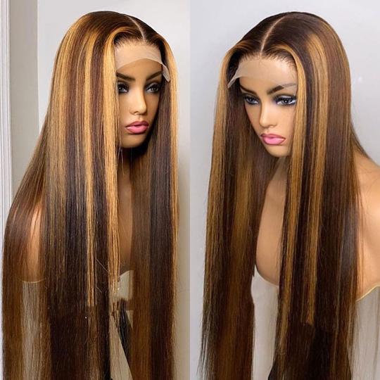 Ruilong Hair P4/27 Highlight Straight 13x4 HD Lace Frontal Human Hair Wig Brazilian Blonde Brown Piano Colored 13x4 Transparent Lace Front Wig