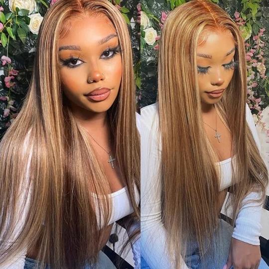 Ruilong Hair P4/27 Highlight Straight 13x4 HD Lace Frontal Human Hair Wig Brazilian Blonde Brown Piano Colored 13x4 Transparent Lace Front Wig